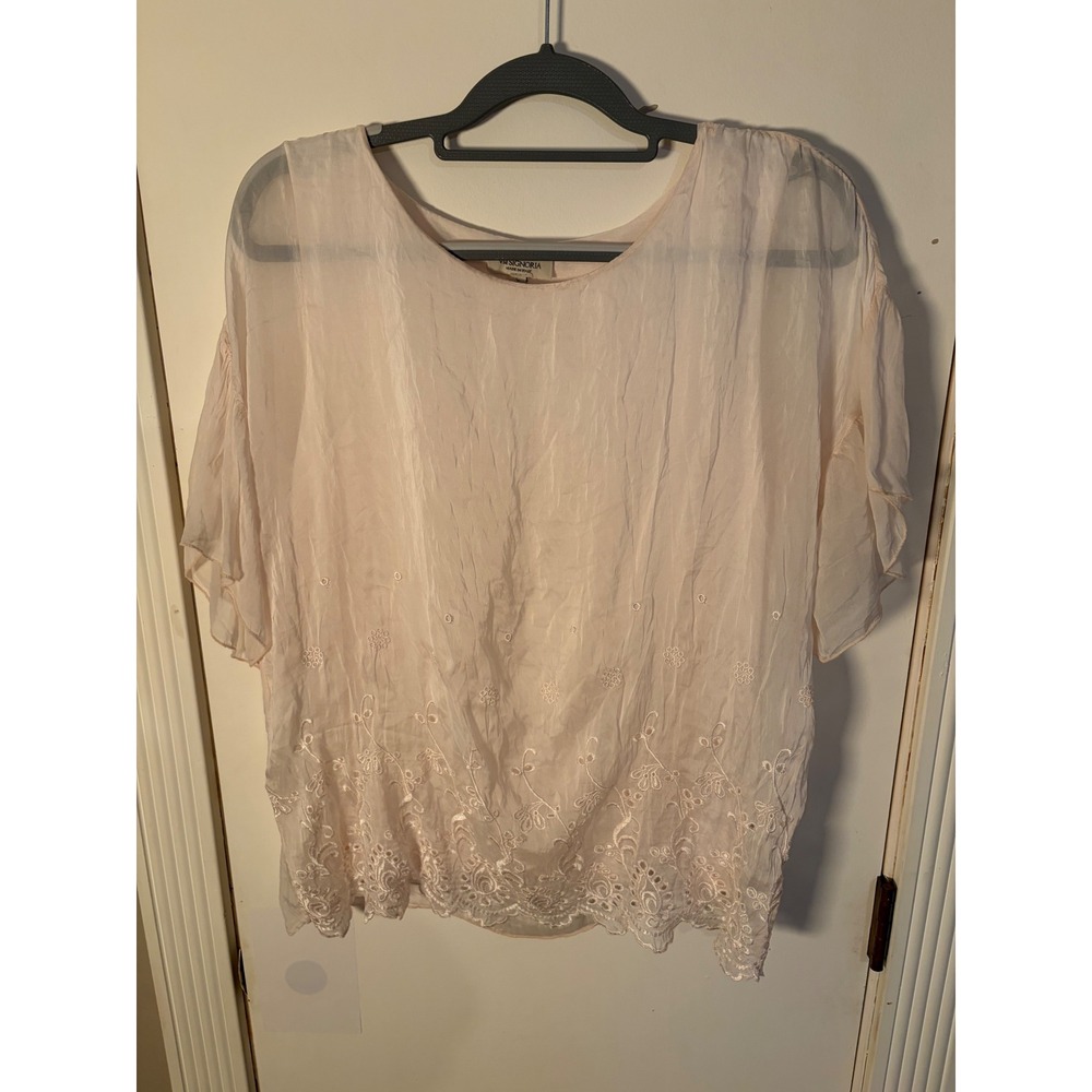 Via Signoria Made in Italy Silk Embroidered Floral Blouse Pink Short Sleeve L